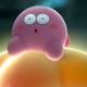 A pink puffball sits in wide-eyed shocked on a large star.